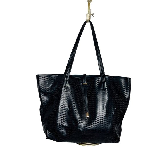 Vince Camuto Leila Perforated Leather Shopper Tote Bag Black 18.5” x 12.5” EUC - Picture 2 of 12